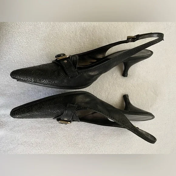 Prada Black Pointed Toe Slingback Heels with Buckle Accent - Picture 6 of 12